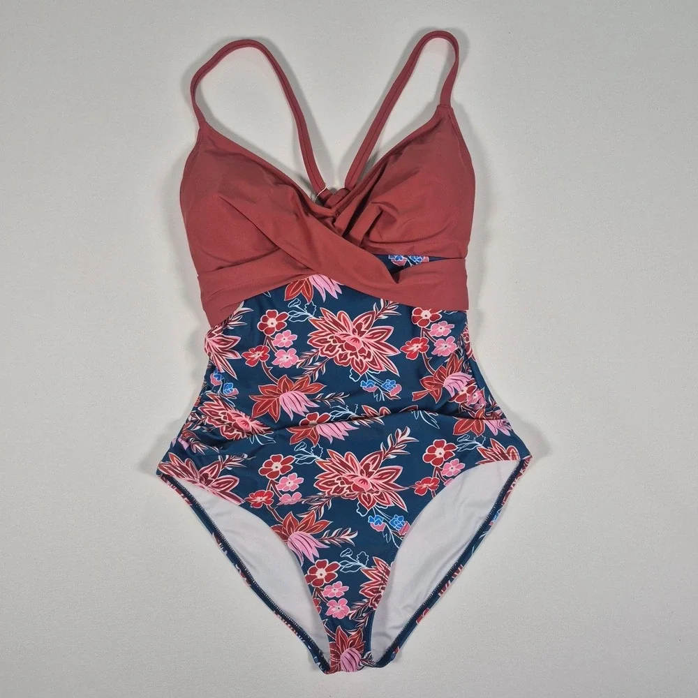 B2PRITY Women Floral One Piece Swimsuit Mauve‎ Navy V-Neck Ruched Size M New